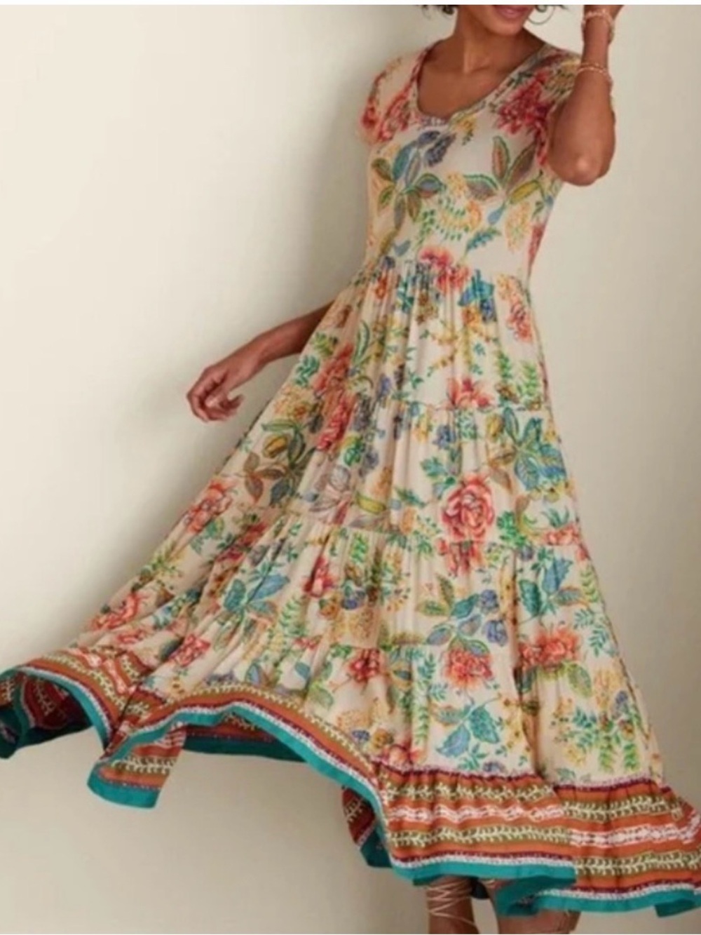 Soft Surroundings Kara Floral Tiered Maxi Dress Size Medium Petite Ivory Boho
